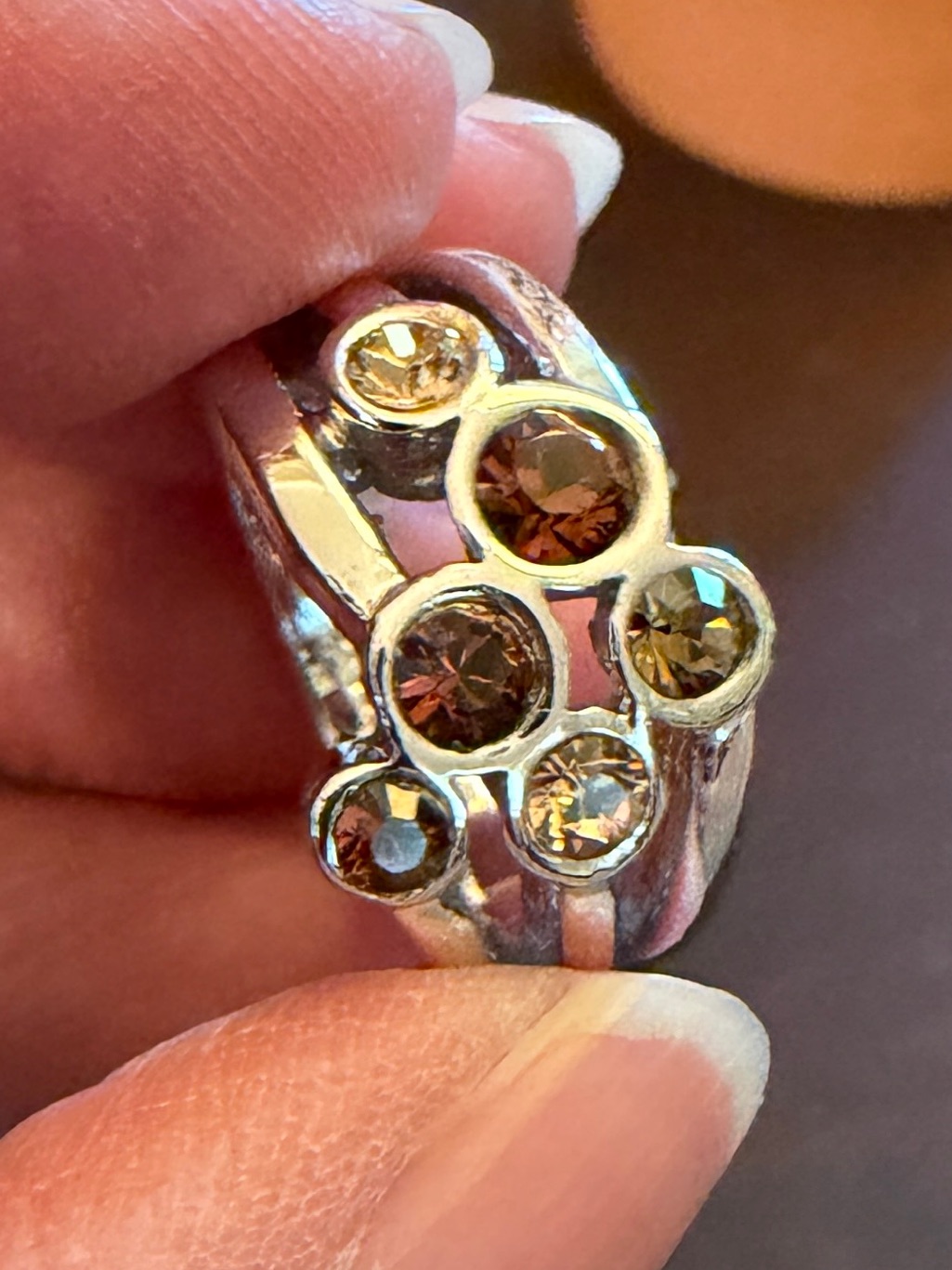 Silver Ring With Brown And Champagne Crystal Accents, Size 6 #0186
